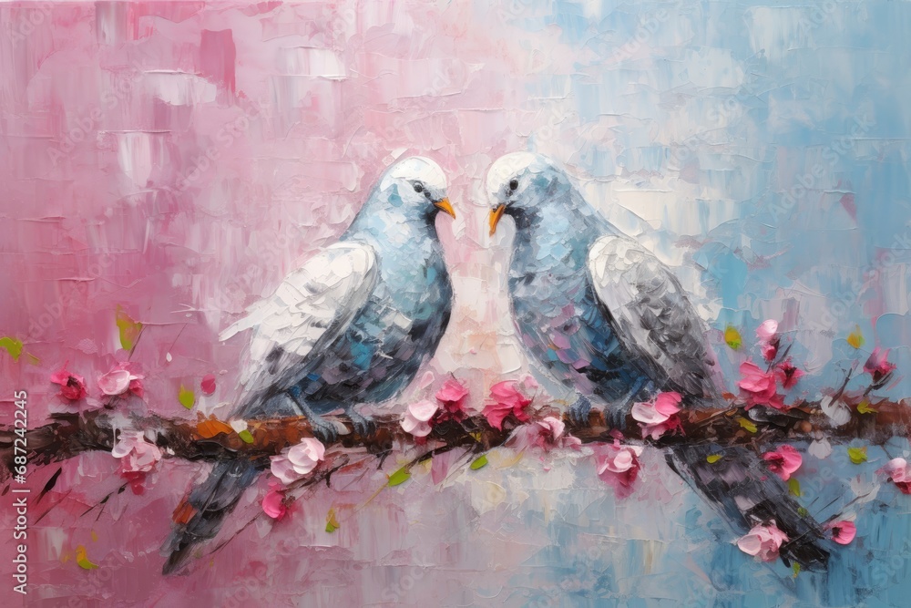 Fototapeta premium palette knife textured painting Love and pigeons Love Doves pair of pigeons