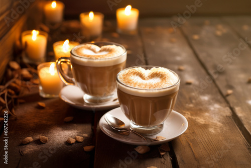 Tazas de café con corazones en la espuma.