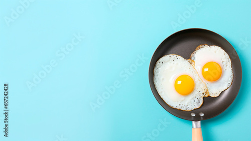 Yellow chicken eggs on a blue background, minimalistic image. Generative AI