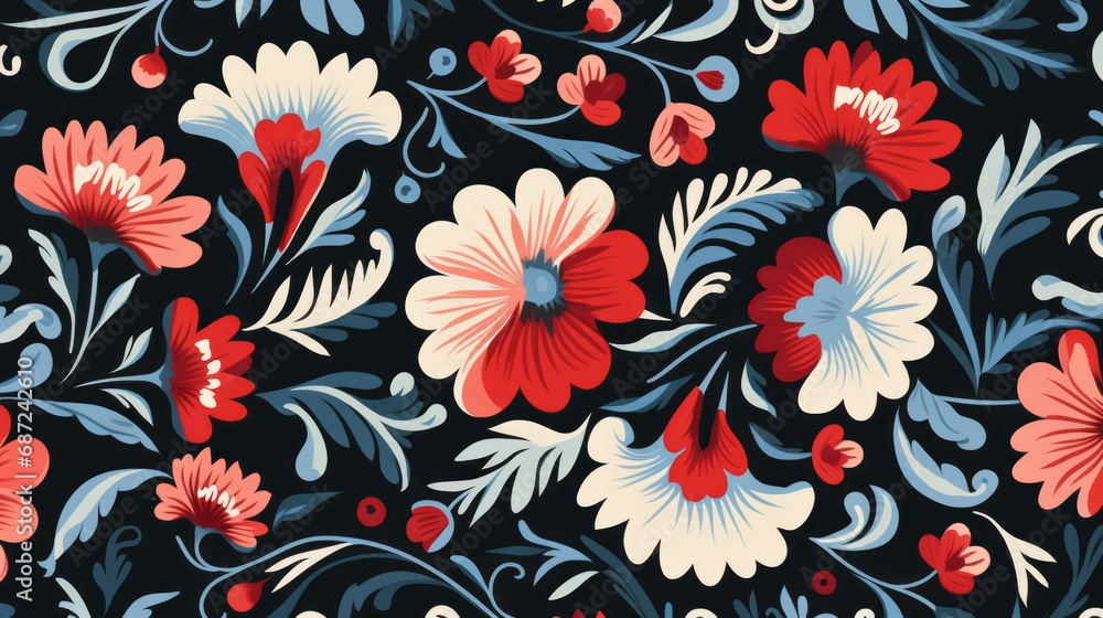 Traditional Mexican floral pattern on black background. Vibrant Spirit of Mexico with Authentic flowers pattern