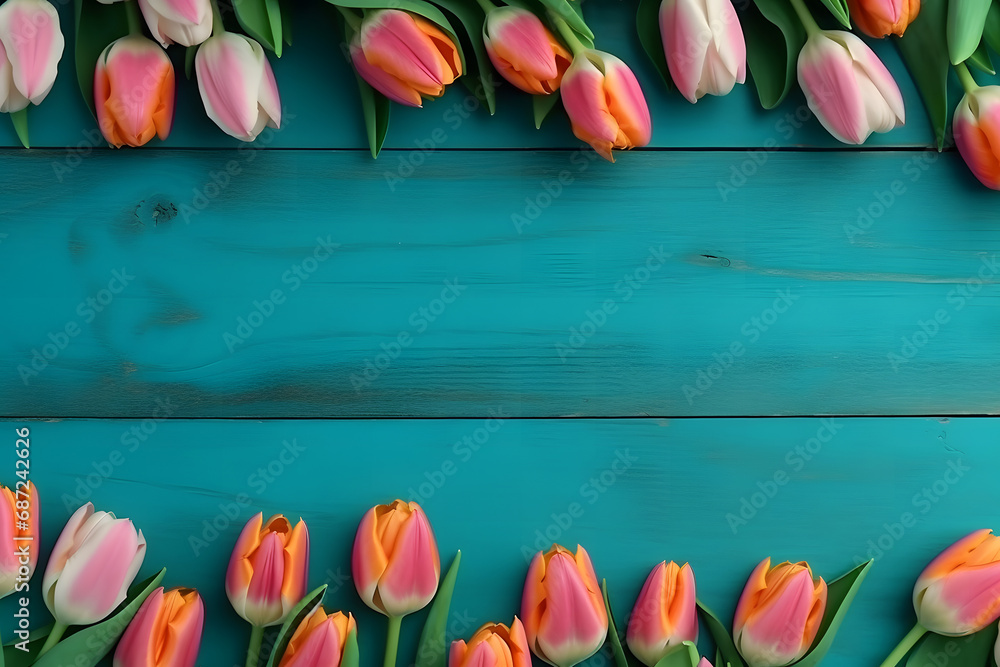 Frame of tulips on turquoise rustic wooden background. Spring flowers. Neural network AI generated art - obrazy, fototapety, plakaty 