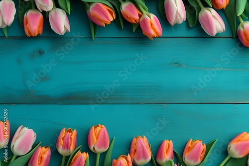 Frame of tulips on turquoise rustic wooden background. Spring flowers. Neural network AI generated art photo