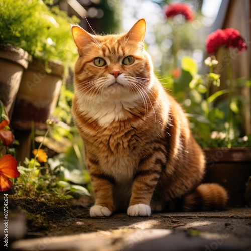 An overweight Ginger cat lying in a summer garden.