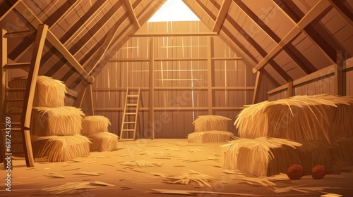 An interior view of a rural wooden barn filled with haystacks, depicting a traditional farming haymow storage area within a village. photo