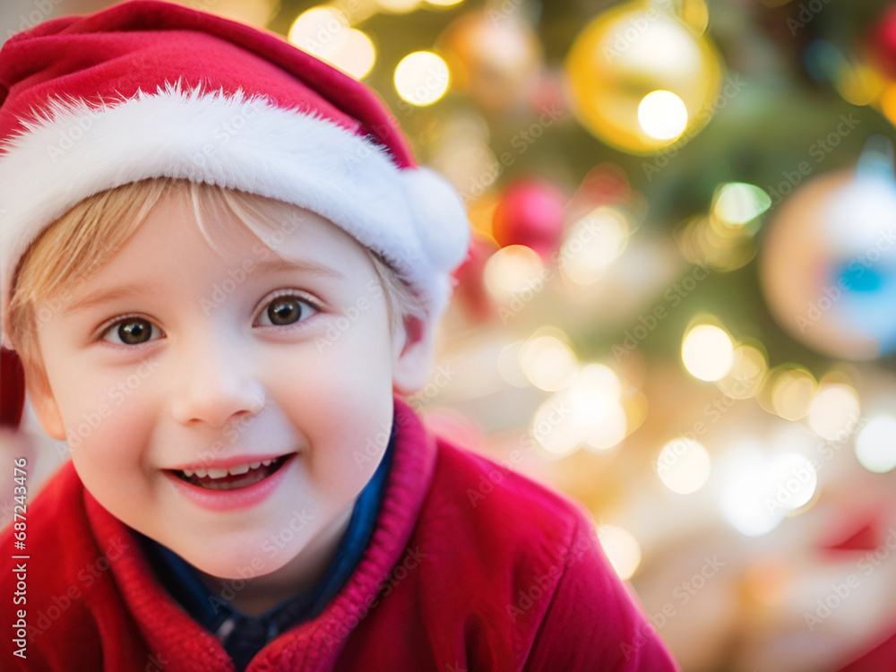 Boy smiles happily against blurred background of Christmas.Generative AI Boy smiles happily against blurred background of Christmas.Generative AI