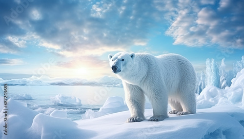 Polar Bear in Arctic Winter Glaciers Frozen Sea and Snowstorms