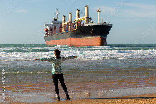A girl stands on the seashore and meets a ship