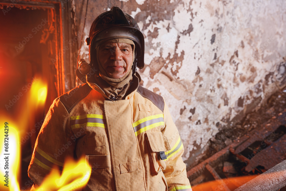 Portrait brave and strong Firefighter in burning building, house burn with open flames. Concept dangerous work of rescue services