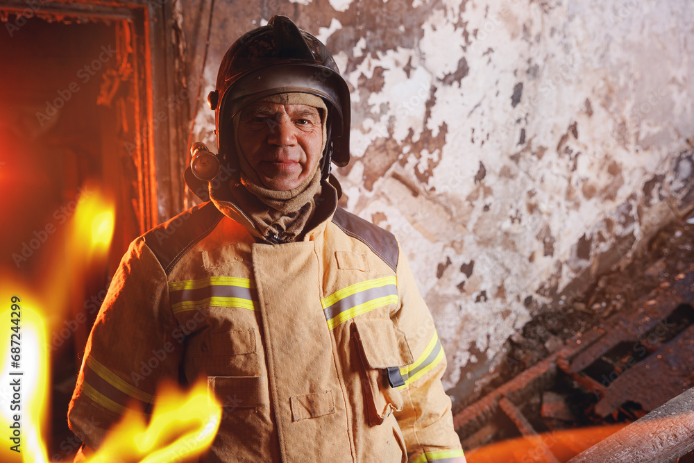 Obraz premium Portrait brave and strong Firefighter in burning building, house burn with open flames. Concept dangerous work of rescue services