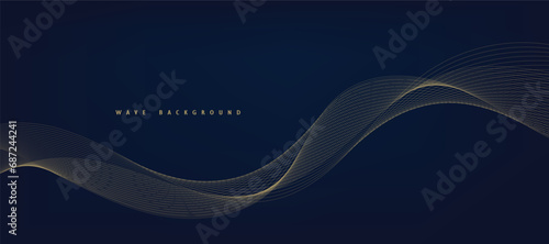 Vector abstract blue background with dynamic golden waves, lines and particles.
