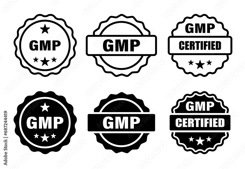 GMP set of round badges. Certified industrial stickers for products with Good Manufacturing Practice tag