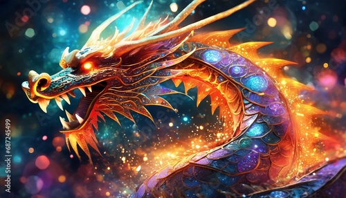 Chinese dragon shimmering with colors. scales shining like glass © Kapibara Design
