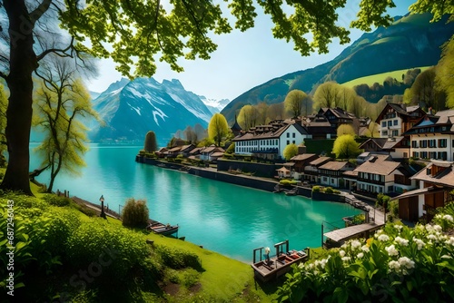 The beautiful view of village and lake Brienz in spring,