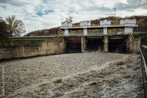Spillway in Maykop dam, dirty water in river © Mulderphoto