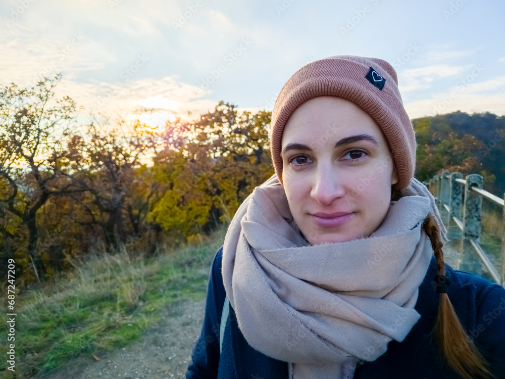Young woman is hiking on the Devil s Peak hill above Budapest Young woman is hiking on the Devil s Peak hill above Budapest