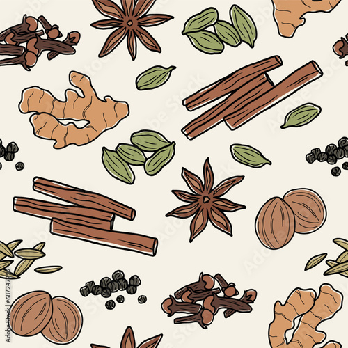 Line art masala tea spices seamless pattern