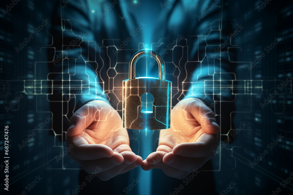 Cyber security, Hand hold digital padlock, Login verified identity credentials on network of data protection technology Cyber security, Hand hold digital padlock, Login verified identity credentials on network of data protection technology