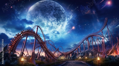 The dazzling lights of a roller coaster illuminating the night sky photo