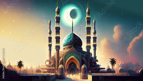 Foto illustration of the beautiful futuristic mosque and ramadan islamic culture icon