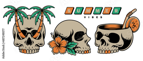 Summer themed skull set design. For t-shirts, stickers and other similar products.