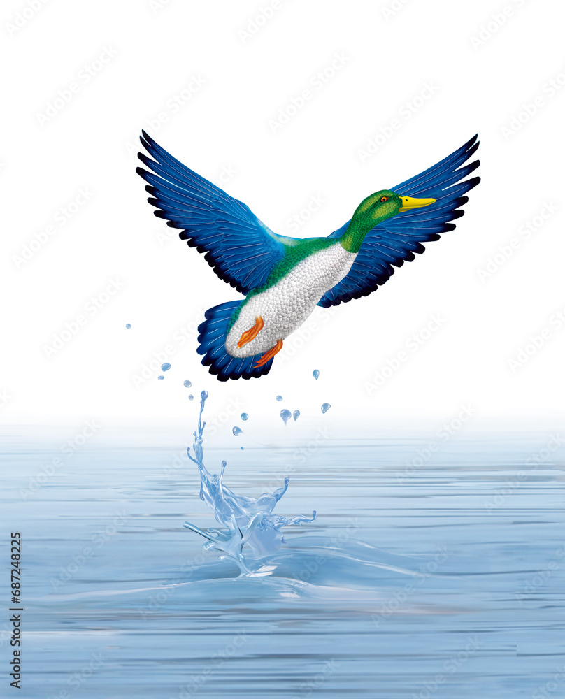 illustration d'un canard bleu qui vol d'une lac limpide illustration d'un canard bleu qui vol d'une lac limpide