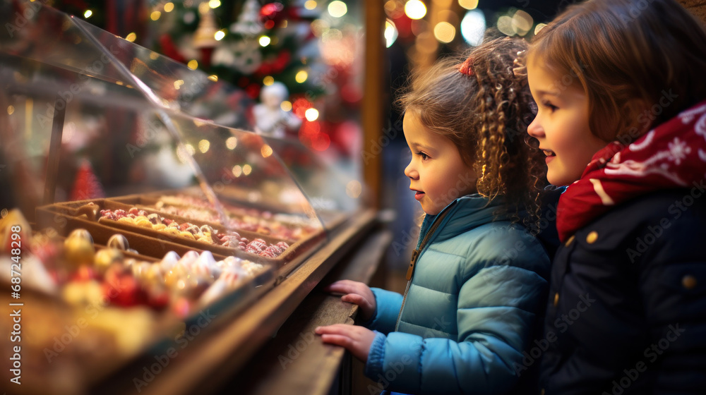 Children looking at sweets at the Christmas market