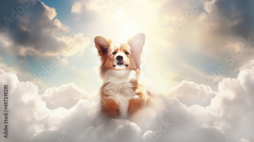 Happy dog sitting on a cloud in heaven photo