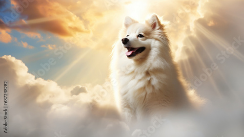 Happy dog sitting on a cloud in heaven