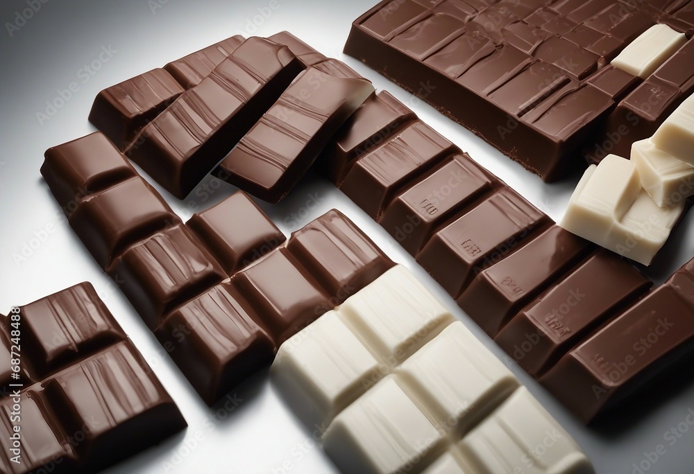 Chocolate in different color milk dark and white chocolate bars isolated on grey background Chocolate in different color milk dark and white chocolate bars isolated on grey background