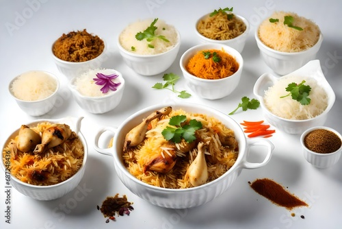 Chicken biryani , made using jeera rice and spices arranged in a white ceramic table ware with white background,