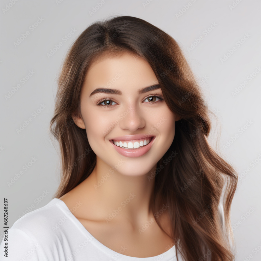 closeup photo portrait of a beautiful woman smiling with clean teeth. used for a dental ad. women with fresh stylish hair and soft features. isolated on white background closeup photo portrait of a beautiful woman smiling with clean teeth. used for a dental ad. women with fresh stylish hair and soft features. isolated on white background