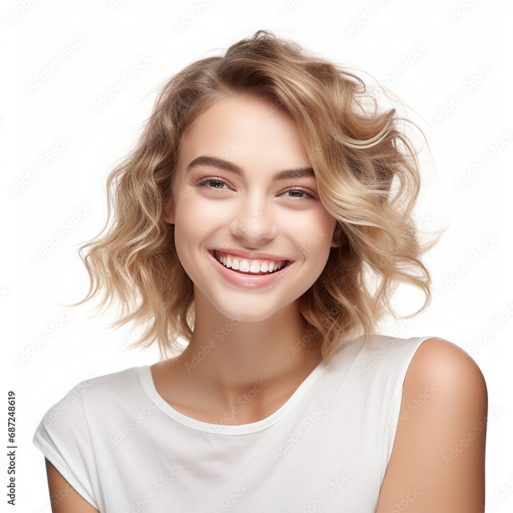 closeup photo portrait of a beautiful woman smiling with clean teeth. used for a dental ad. women with fresh stylish hair and soft features. isolated on white background closeup photo portrait of a beautiful woman smiling with clean teeth. used for a dental ad. women with fresh stylish hair and soft features. isolated on white background