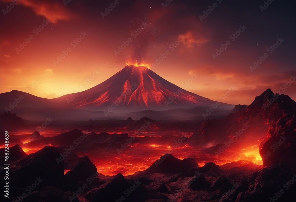 Night landscape with volcano and burning lava Volcano eruption fantasy landscape 3D illustration