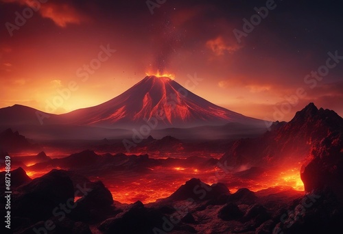 Night landscape with volcano and burning lava Volcano eruption fantasy landscape 3D illustration