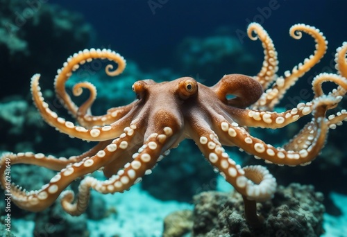 Octopus in water close up Swimming animal picture in blue Seashore life coral reef stones at sea bottom