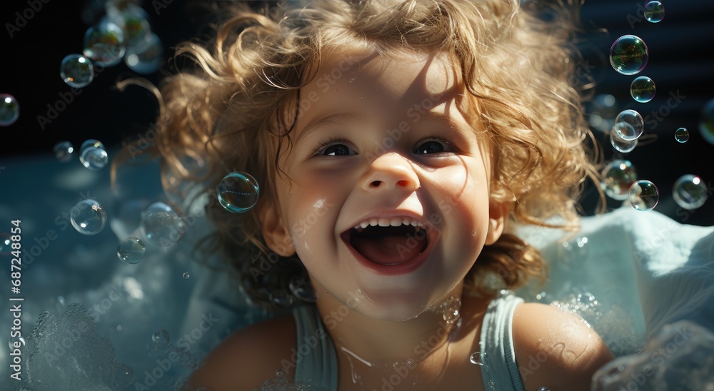 Baby in a bathtub laughing as bubbles splash him Baby in a bathtub laughing as bubbles splash him