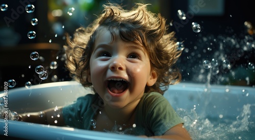 Baby boy in a bathtub playing with bubbles. photo