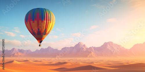 A colorful hot air balloon is flying over a field with trees in the background, Colorful hot air balloon flying blue sky wallpaper, generative AI