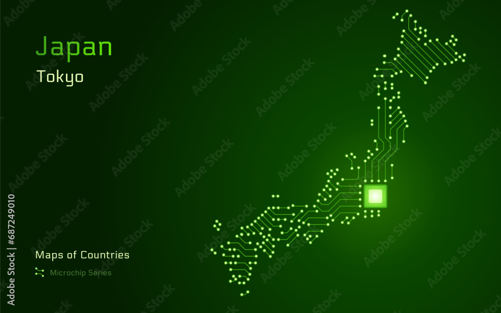 Naklejka premium Japan Map with a capital of Tokyo Shown in a Microchip Pattern. E-government. TSMC. World Countries vector maps. Microchip Series