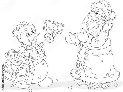 Funny toy snowman postman with letters from little children to Santa Claus, black and white vector cartoon illustration for a coloring book