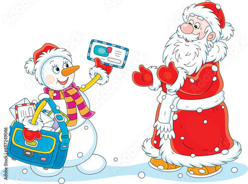 Funny toy snowman postman with letters from little children to Santa Claus, vector cartoon illustration