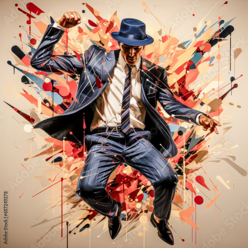 A Person in a Suit and Hat Dancing in a Pattern like Hip Hop Abstract Illustration Wallpaper Background Poster Music Digital Art Rhythm