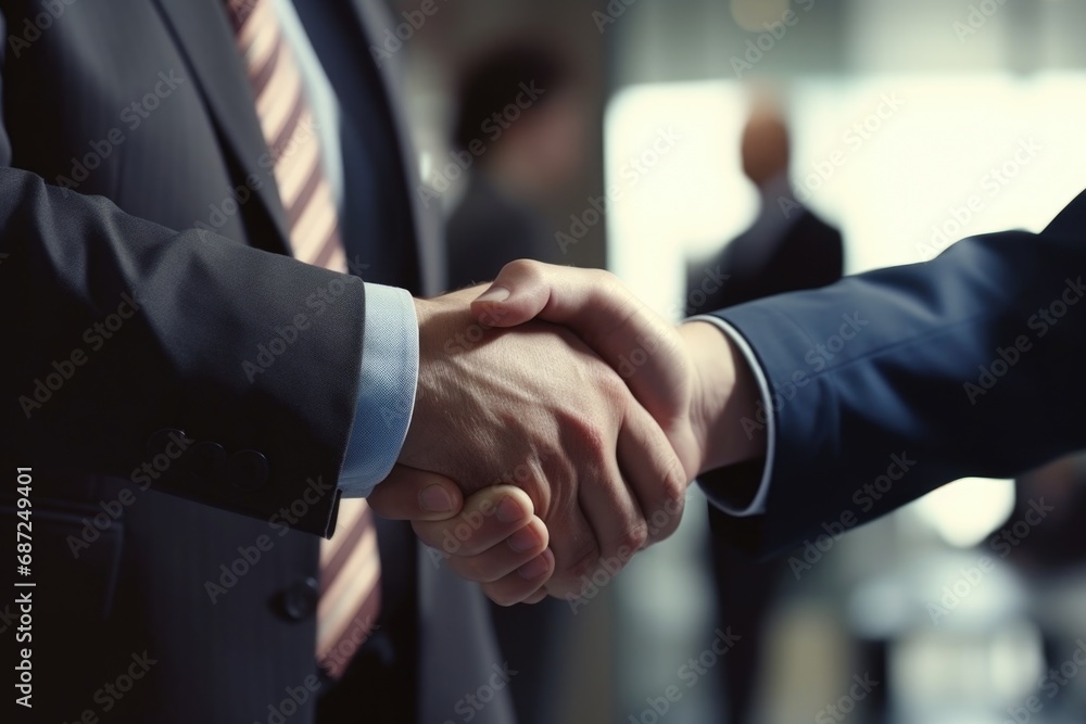 A close-up photo capturing the moment two people shake hands. Perfect for business, networking, and collaboration concepts