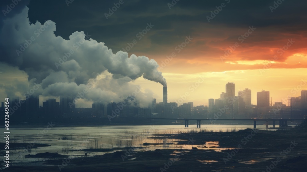 Dangers of air pollution in a big city with sources of pollution from factory chimneys. AI generated