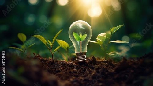 A Light bulb on new plant for natural renewable energy source. AI generated image