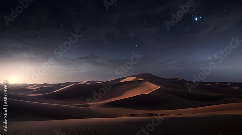 A tranquil and serene photograph capturing the vast expanse of sand dunes under a clear night sky  with stars twinkling above  creating a peaceful desert nightscape.