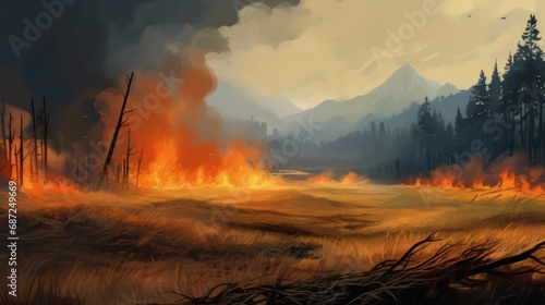 Dramatic scene a forest and mountain with wildfires with smoke clouds landscape. AI generated image photo
