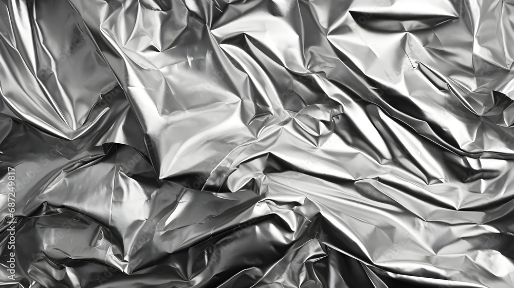 Shimmering silver foil texture background, marked by metallic luster and reflective surfaces.Wrinkled silver foil sheet background created by generative AI. - obrazy, fototapety, plakaty 