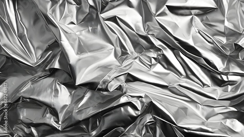 Shimmering silver foil texture background, marked by metallic luster and reflective surfaces.Wrinkled silver foil sheet background created by generative AI. photo