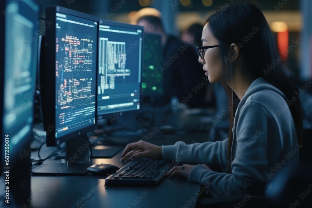 A woman sitting in front of two computer monitors. Perfect for illustrating work from home or remote work concepts A woman sitting in front of two computer monitors. Perfect for illustrating work from home or remote work concepts